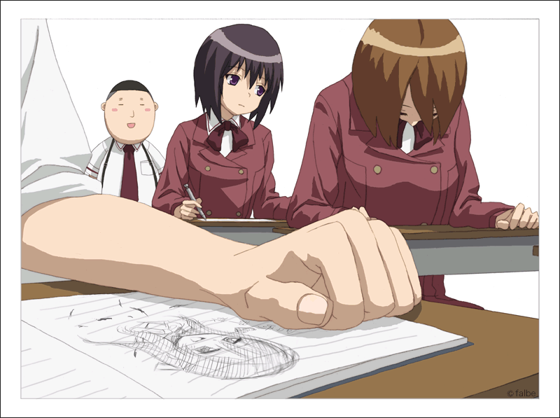 hino hikaru, kawazoe tamaki, miyazaki miyako, bamboo blade, drawing, 00s, classroom, school, sketch