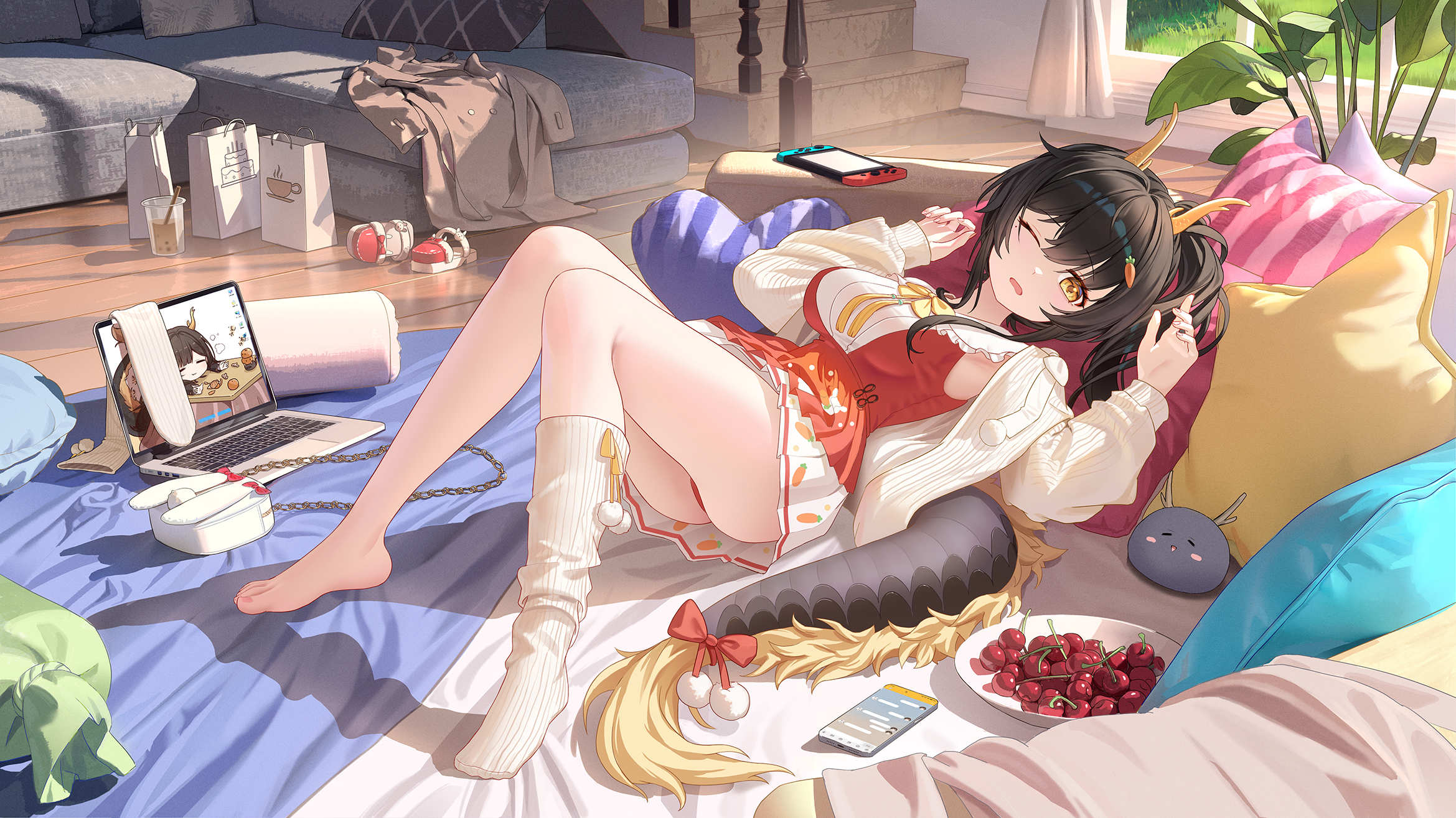 longyu (17767756), indie virtual youtuber, chinese commentary, commentary request, highres, 1girl, ass, bag, black hair, bow, bowl, breasts, bubble tea, carrot hair ornament, carrot print, cellphone, coat, computer, couch, dragon girl, dragon horns, dragon tail, dress, dress bow, feet, food, food-themed hair ornament, food print, frills, fruit, full body, hair between eyes, hair ornament, handbag, handheld game console, hands up, head tilt, heart, heart-shaped pillow, horns, indoors, jacket, kneehighs, knees together feet apart, knees up, laptop, large breasts, li mo sumi, long hair, long sleeves, lying, mat, mole, mole under eye, on back, one eye closed, open clothes, open jacket, open mouth, panties, phone, pillow, plant, pom pom (clothes), red dress, red panties, shopping bag, single bare foot, smartphone, socks, solo, stairs, star-shaped pillow, striped pillow, sweater jacket, tail, tail bow, tail ornament, underwear, unworn coat, very long hair, virtual youtuber, yellow bow, yellow eyes, yellow horns