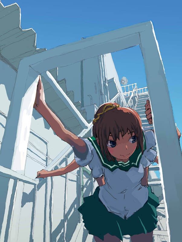 keisan, original, 1girl, blue eyes, brown hair, bug, building, cover, cover page, extra arms, female focus, leaning forward, outdoors, school, school uniform, serafuku, sky, solo, spider, stairs