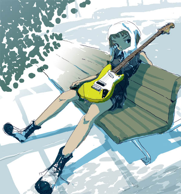 keisan, original, 1boy, bench, guitar, instrument, legs, male focus, nature, outdoors, plant, shorts, solo