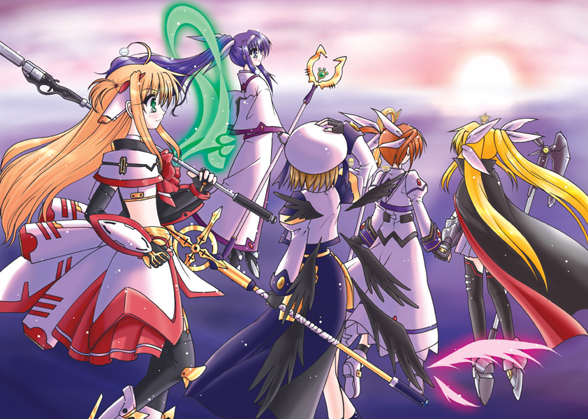 arisa bunnings, bardiche (assault form) (nanoha), bardiche (nanoha), burning arisa, fate testarossa, fate testarossa (lightning form), raising heart, raising heart (accel mode), schwertkreuz, takamachi nanoha, takamachi nanoha (sacred mode), tsukimura suzuka, yagami hayate, lyrical nanoha, mahou shoujo lyrical nanoha, mahou shoujo lyrical nanoha a's, winged footwear, 00s, 5girls, belt, blonde hair, brown hair, cape, fingerless gloves, from behind, gloves, hat, jacket, magical girl, multiple girls, ponytail, purple hair, red hair, shoes, thighhighs, twintails, waist cape, wings