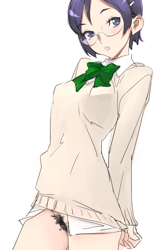 nishieda, original, bad id, bad pixiv id, lowres, 1girl, blush, bow, breasts, female focus, female pubic hair, glasses, green bow, matching hair/eyes, no panties, pubic hair, purple eyes, purple hair, school uniform, serafuku, short hair, simple background, small breasts, solo, uncensored, white background