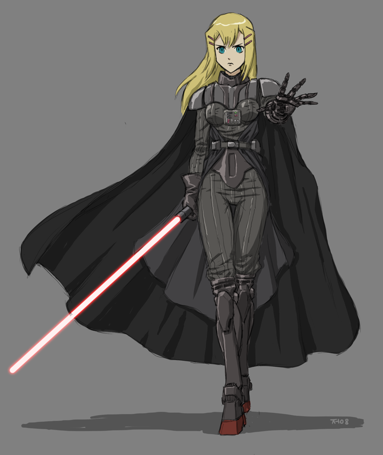 james chung, darth vader, louise halevy, gundam, gundam 00, star wars, 1girl, blonde hair, cape, cosplay, crossover, darth vader (cosplay), energy sword, facing viewer, female focus, full body, green eyes, grey background, lightsaber, long hair, looking at viewer, no headwear, outstretched arm, parody, prosthesis, prosthetic arm, prosthetic leg, simple background, solo, standing, sword, trait connection, weapon