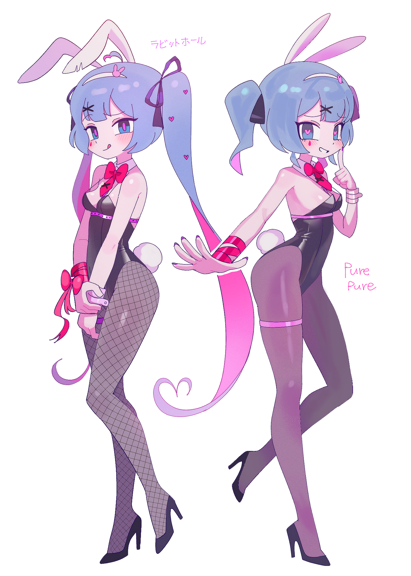 batrobin k, hatsune miku, rabbit hole (vocaloid), vocaloid, commentary request, highres, 1girl, animal ears, black leotard, black pantyhose, blue hair, bow, bowtie, breasts, colored inner hair, detached collar, dual persona, fake animal ears, fake tail, fishnet pantyhose, fishnets, grin, hair ornament, hair ribbon, hairband, hairclip, heart, heart-shaped hair, heart-shaped pupils, high heels, highleg, highleg leotard, leotard, long hair, multicolored hair, necktie, pantyhose, pink hair, pink pupils, playboy bunny, rabbit ears, rabbit tail, red bow, red bowtie, red necktie, ribbon, short hair, short necktie, sideboob, simple background, small breasts, smile, strapless, strapless leotard, streaked hair, symbol-shaped pupils, tail, tongue, tongue out, twintails, white background, wrist ribbon