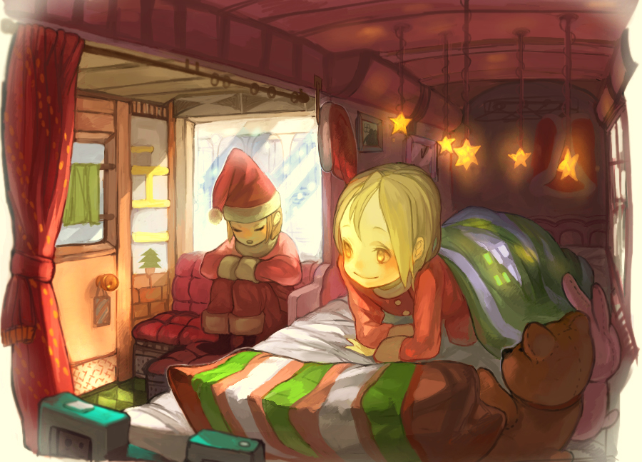 kima, original, 2girls, bed, christmas, multiple girls, pajamas, santa costume, sleeping, snow, snowing, star (symbol)