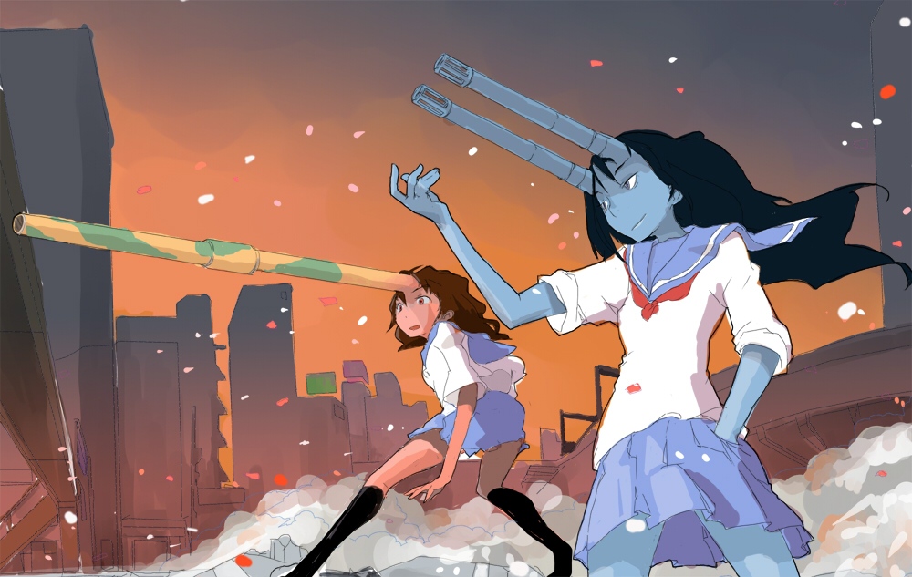 keisan, blue oni, blue skin, city, colored skin, demon girl, mechabare, oni, red oni, school uniform, serafuku, weapon, what