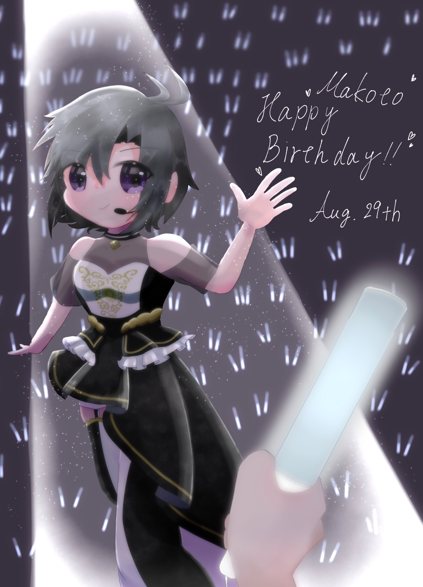 kikuchi makoto, idolmaster, idolmaster million live!, idolmaster million live! theater days, highres, antenna hair, black hair, black skirt, garter straps, glowstick, happy birthday, idol, light blush, looking at viewer, parted bangs, penlight (glowstick), pov, purple eyes, rabbit add, see-through clothes, see-through sleeves, skirt, spotlight, stage, waving