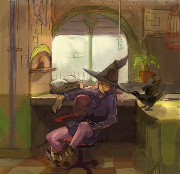 kima, original, 1girl, bird, book, cage, chair, checkered floor, crow, female focus, floor, hat, office chair, pantyhose, perspective, pink pantyhose, plant, potted plant, sitting, solo, swivel chair, window, witch, witch hat