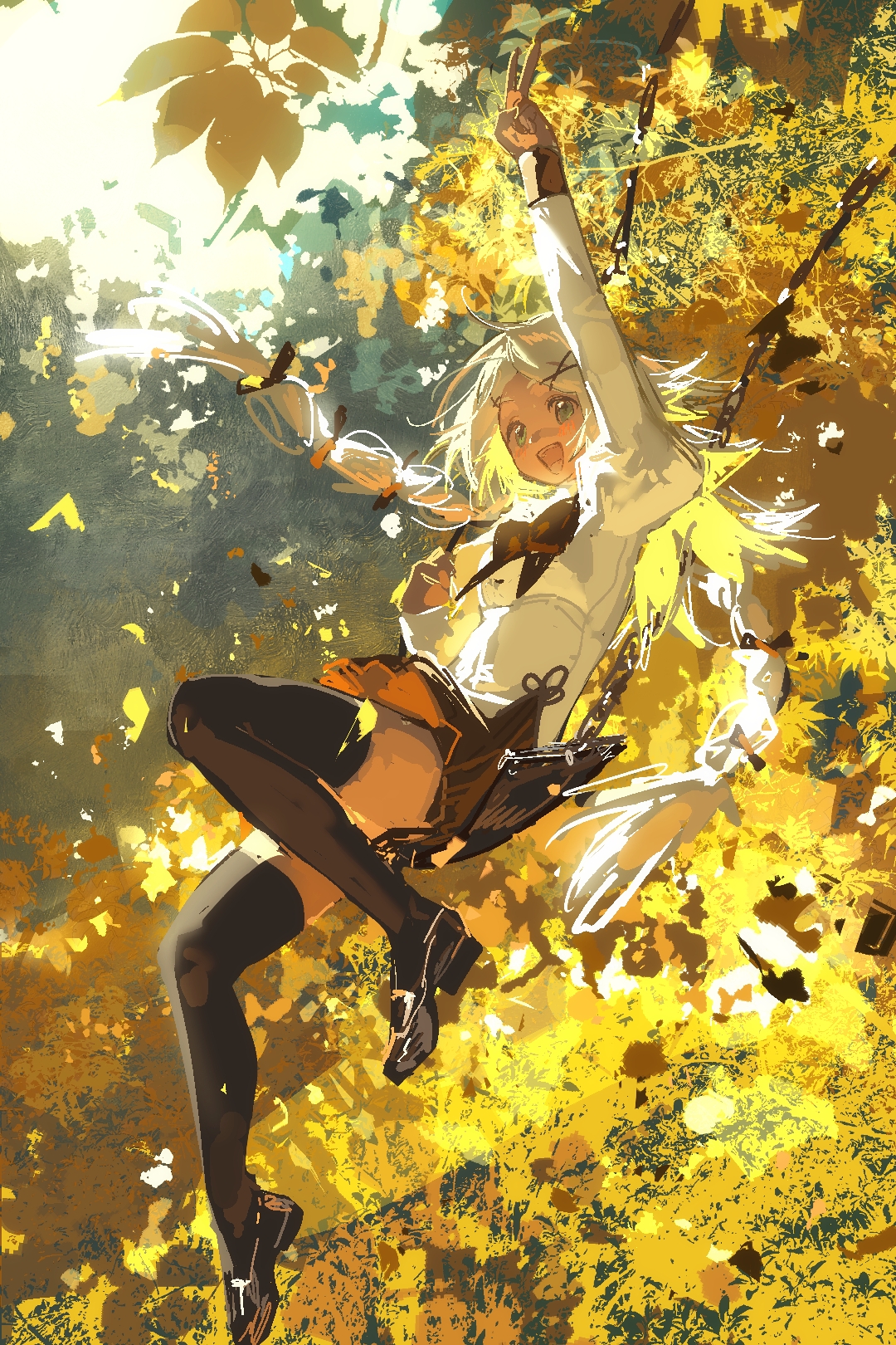original, highres, 1girl, autumn leaves, black bow, black shoes, black thighhighs, bow, braid, brown skirt, hair ornament, hair ribbon, hairpin, happy, leaf, midair, open mouth, renzi rz, ribbon, shirt, shoes, skirt, smile, solo, thighhighs, twin braids, v, white hair, white shirt