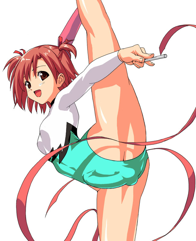 takeda hiromitsu, sasaki makie, mahou sensei negima!, third-party edit, 00s, 1futa, breasts, bulge, futanari, gymnast leotard, gymnastics, leotard, penis, rhythmic gymnastics, simple background, solo, testicles