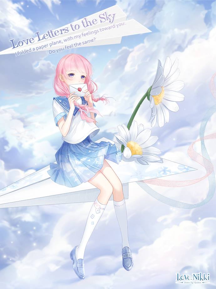 miracle nikki, nikki (series), artist request, official art, 1girl, bare arms, blue eyes, blue sailor collar, blue shoes, blue skirt, blue sky, blush, braid, character name, cloud, copyright name, covered mouth, daisy (flower), day, dot nose, english text, envelope, floating clothes, floating hair, flower, full body, hair over shoulder, heart, heart print, high-waist skirt, holding, holding envelope, kneehighs, light particles, logo, long hair, looking at viewer, love letters to the sky (miracle nikki), miniskirt, neckerchief, outdoors, oversized flower, paper airplane, pink hair, pink neckerchief, pleated skirt, ribbon-trimmed socks, ribbon trim, sailor collar, school uniform, serafuku, shirt, shoes, short sleeves, shy, sitting, skirt, sky, socks, solo, streamers, tareme, twin braids, uwabaki, wax seal, white flower, white shirt, wind