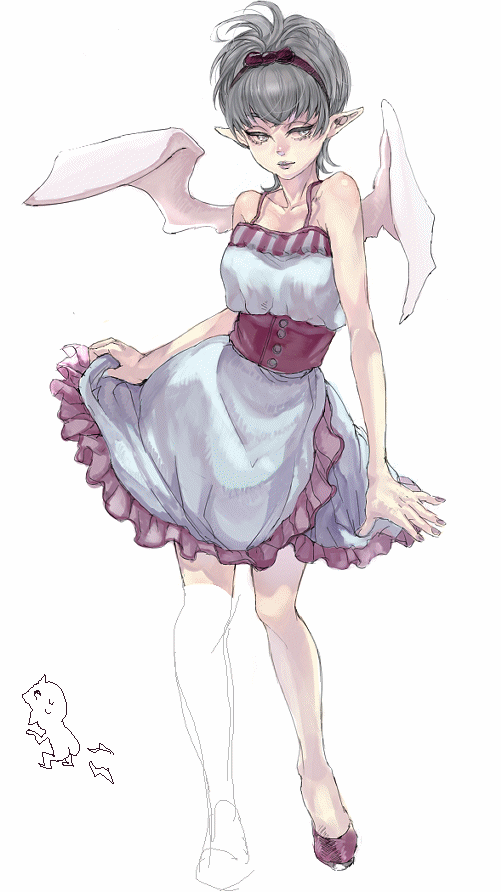 kima, original, looking away, 1girl, demon girl, demon wings, dress, female focus, pointy ears, shoes, solo, wings