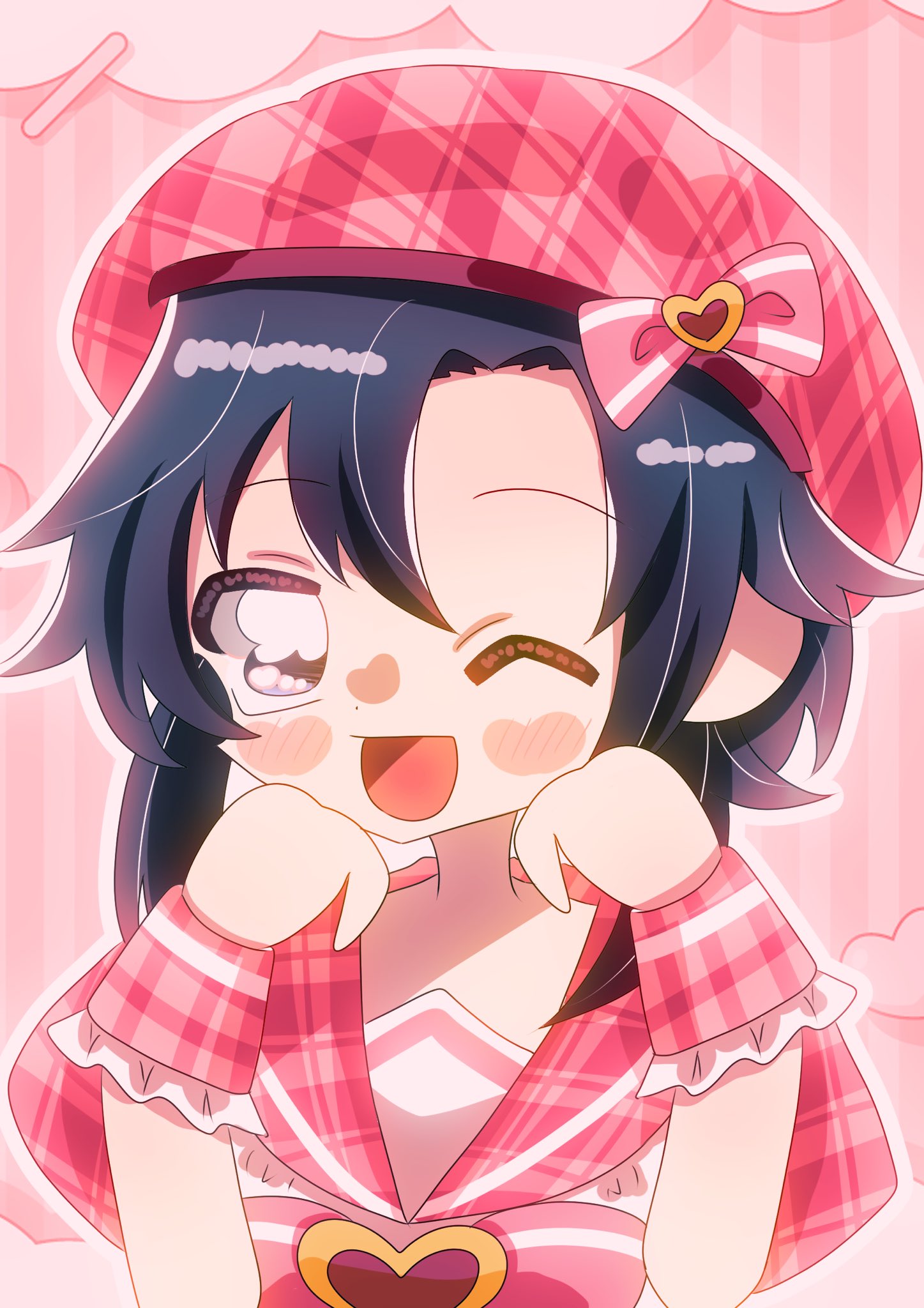 kikuchi makoto, idolmaster, idolmaster (classic), highres, antenna hair, beret, black hair, hat, light blush, lion kaitai, looking at viewer, one eye closed, open mouth, parted bangs, pink background, pink ribbon, pink sailor collar, purple eyes, ribbon, sailor collar, smile, wrist cuffs
