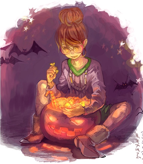 kima, original, animal, bat (animal), boots, brown hair, candy, candy cane, food, glasses, hair bun, halloween, jack-o'-lantern, pumpkin, single hair bun, solo, wrapped candy