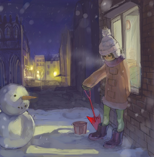 kima, original, 1girl, blush, boots, brown eyes, brown hair, bucket, city, coat, cold, female focus, hat, night, red nose, sad, scarf, short hair, shovel, snow, snowman, solo, window, winter, worktool