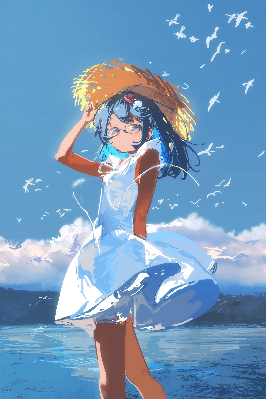 original, highres, 1girl, bird, blue eyes, blue hair, blue sky, cloud, dress, floating clothes, floating hair, glasses, hair ornament, hairpin, hat, ocean, renzi rz, sky, solo, sun hat, sundress