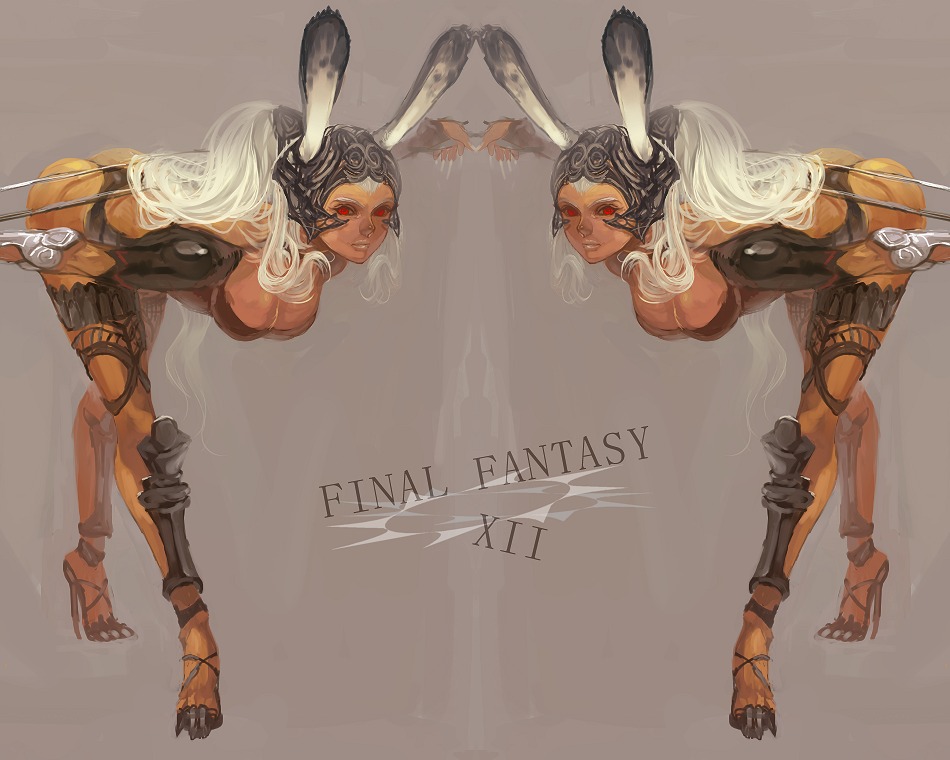 kima, fran (ff12), final fantasy, final fantasy xii, 00s, 2girls, animal ears, armor, bent over, breasts, cleavage, copyright name, dark-skinned female, dark skin, large breasts, leaning forward, multiple girls, rabbit ears, red eyes, revealing clothes, viera