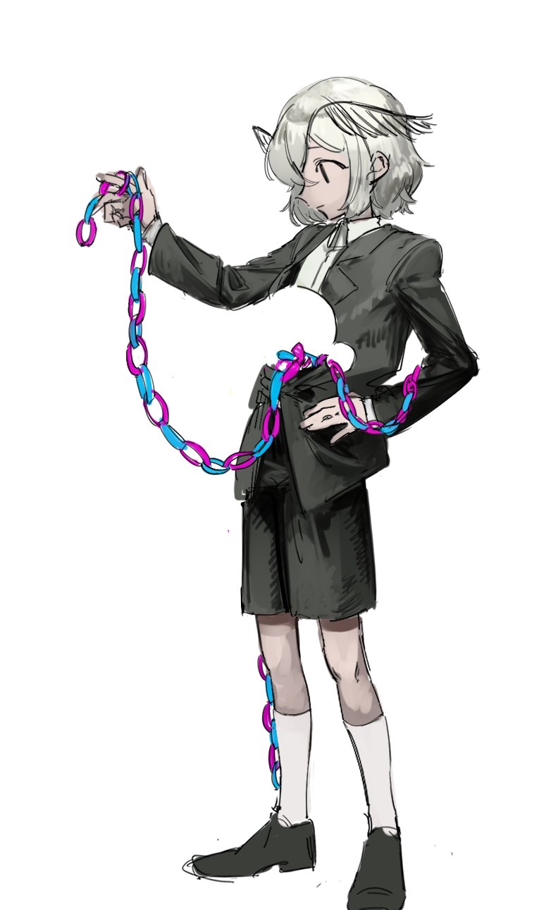 uni no, original, highres, 1other, black eyes, black shoes, black shorts, black suit, closed mouth, formal clothes, grey hair, hole in chest, hole on body, long sleeves, medium hair, moth antennae, paper chain, shirt, shoes, shorts, socks, solo, solo focus, suit, white background, white socks