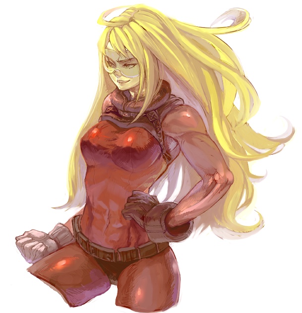 kima, adette kistler, overman king gainer, 00s, 1girl, abs, ahoge, blonde hair, cowboy shot, female focus, goggles, hand on own hip, long hair, muscular, simple background, skin tight, solo, very long hair, white background