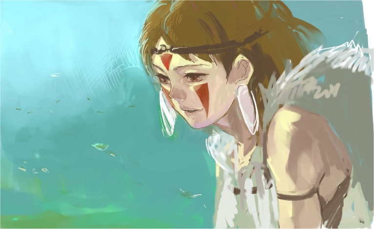 kima, san (mononoke hime), mononoke hime, studio ghibli, 1990s (style), brown hair, facepaint, retro artstyle, short hair, solo