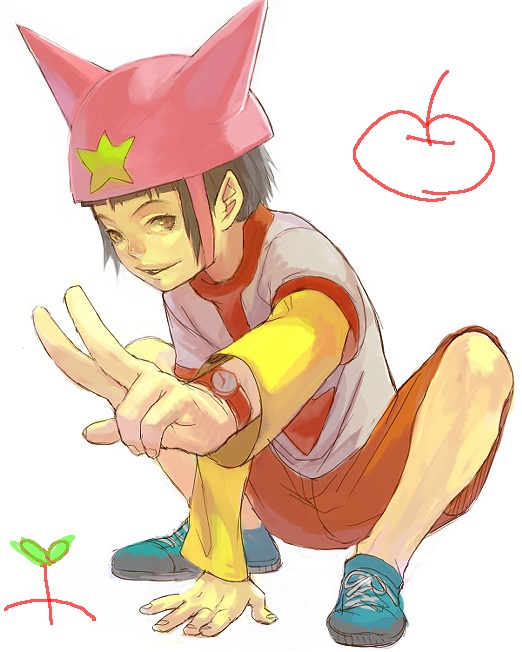 kima, tekkon kinkreet, animal hat, foreshortening, hat, solo, squatting, v, watch, wristwatch