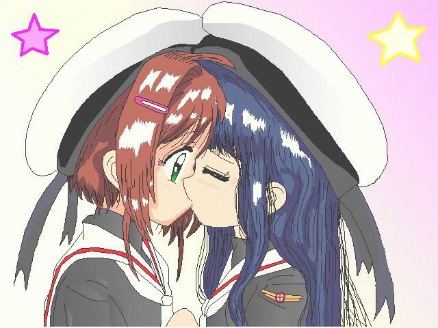 daidouji tomoyo, kinomoto sakura, cardcaptor sakura, aliasing, 1990s (style), 2girls, blue hair, brown hair, closed eyes, gradient background, kiss, long hair, multiple girls, retro artstyle, short hair, simple background, star (symbol), yuri