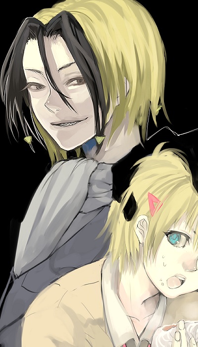 kima, katsuragi yako, nougami neuro, majin tantei nougami neuro, 00s, 1boy, 1girl, :o, aqua eyes, black background, black eyes, black hair, blonde hair, blue eyes, colored bangs, evil smile, height difference, looking at viewer, multicolored hair, open mouth, pale skin, simple background, smile, streaked hair