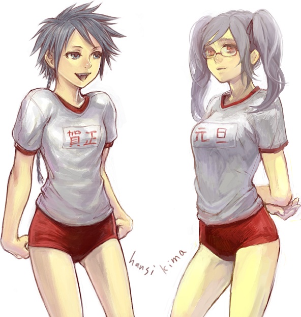 kima, original, braid, glasses, gym uniform, tomboy, twintails