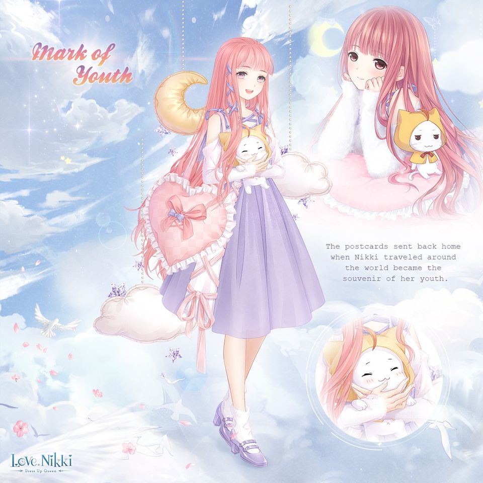 momo (nikki), nikki (nikki), miracle nikki, nikki (series), artist request, official art, 1girl, ^ ^, ahoge, animal, bag, bag bow, bare shoulders, bird, blue sky, bow, bowtie, cat, checkered bag, cherry blossoms, cloak, closed eyes, closed mouth, clothed animal, clothing cutout, cloud, copyright name, criss-cross straps, day, dot nose, dove, ear covers, english text, eyelashes, flower, frilled bag, fur sleeves, hair ribbon, happy, heart-shaped bag, high-waist skirt, high heels, holding, holding animal, holding cat, hood, hood up, hooded cloak, light particles, logo, long hair, long sidelocks, long sleeves, looking ahead, looking at viewer, mark of youth (miracle nikki), mary janes, medium skirt, multiple views, open mouth, outdoors, petals, pink bag, pink bow, pink flower, pink hair, pleated skirt, pumps, purple eyes, purple ribbon, purple shoes, purple skirt, red bow, red bowtie, ribbon, shirt, shoes, shoulder bag, shoulder cutout, sidelocks, skirt, sky, sleeves past wrists, smile, socks, sparkle, star (symbol), sun, teeth, tress ribbon, upper teeth only, very long hair, whiskers, white cat, white shirt, white socks, yellow cloak