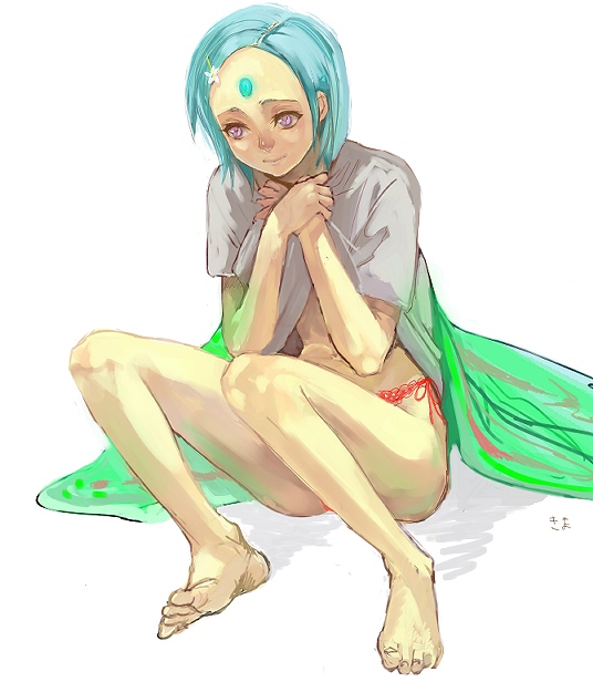 kima, eureka (eureka seven), eureka seven, eureka seven (series), 00s, 1girl, aqua hair, barefoot, feet, female focus, panties, side-tie panties, simple background, solo, underwear