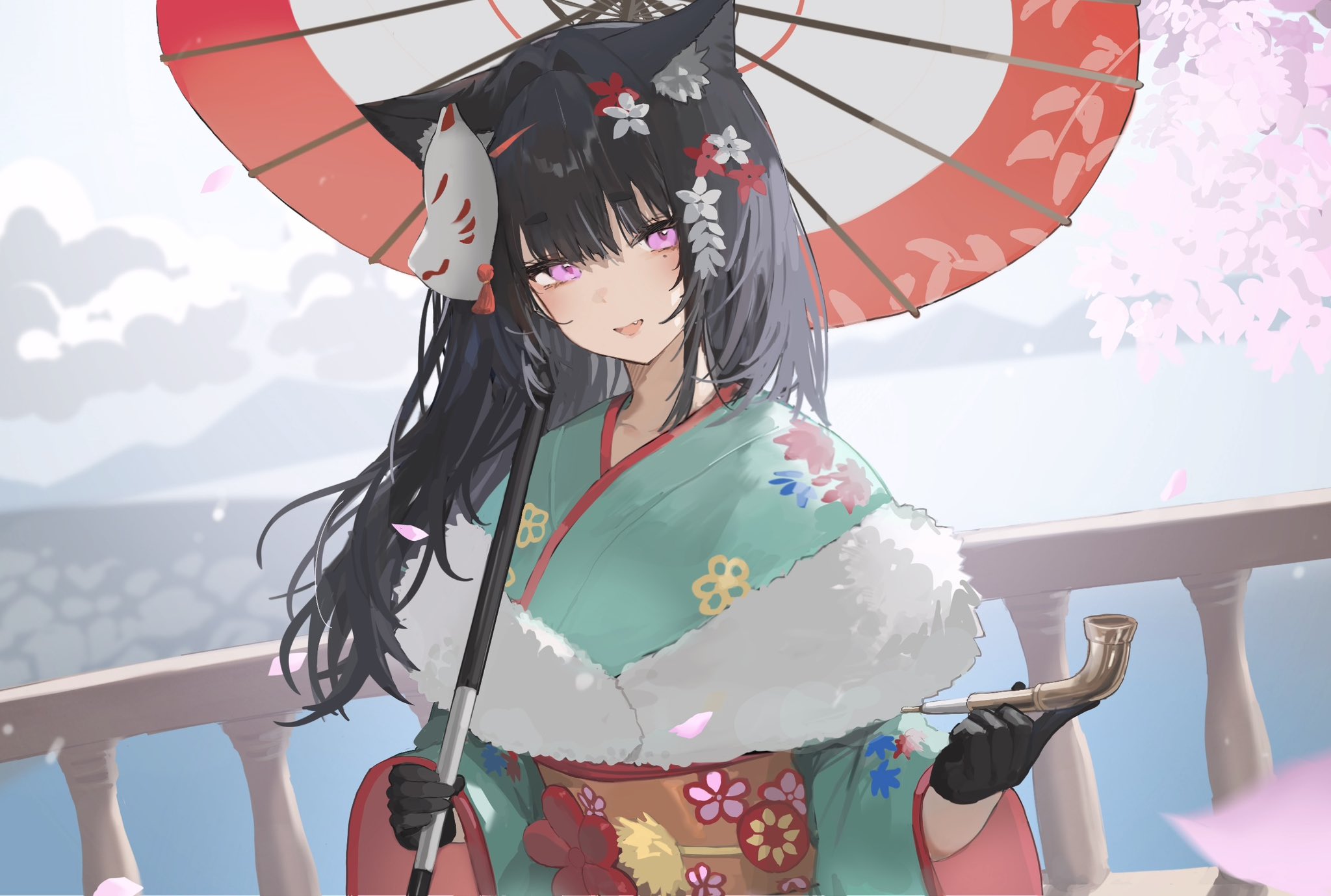sorotu, original, highres, animal ears, black gloves, black hair, blunt bangs, collarbone, dot nose, flower, fox mask, fur-trimmed kimono, fur trim, furisode, gloves, hair flower, hair horns, hair ornament, holding, holding smoking pipe, holding umbrella, japanese clothes, kimono, long hair, mask, mask on head, mole, mole under eye, narrowed eyes, obi, obijime, pink eyes, print kimono, sash, smoking pipe, tail, thick eyebrows, umbrella, wolf ears, wolf girl, wolf tail