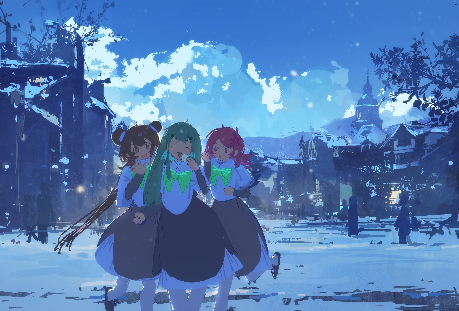 original, 3girls, bow, brown eyes, brown hair, building, cloud, double bun, dress, green bow, grey hair, hair bun, hair ornament, long hair, multiple girls, pink eyes, pink hair, renzi rz, shirt, short hair, sky, snow, snowing, thighhighs
