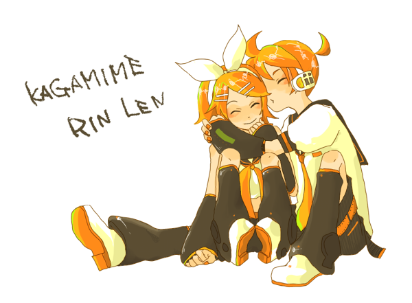 den, kagamine len, kagamine rin, vocaloid, 1boy, 1girl, ^ ^, black leg warmers, black sailor collar, blonde hair, bow, bow hairband, closed eyes, closed mouth, crop top, detached sleeves, hair ornament, hairband, headset, hug, imminent kiss, kiss, kissing cheek, knees up, leg warmers, neckerchief, necktie, on floor, ponytail, puffy sleeves, sailor collar, short hair, short ponytail, shorts, sitting, sleeveless, smile, yellow neckerchief, yellow necktie