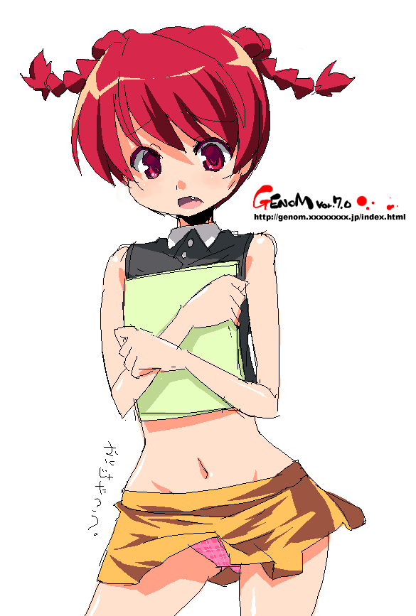 onija tarou, original, braid, hip focus, midriff, oekaki, panties, pantyshot, red eyes, red hair, solo, twin braids, underwear, wide hips