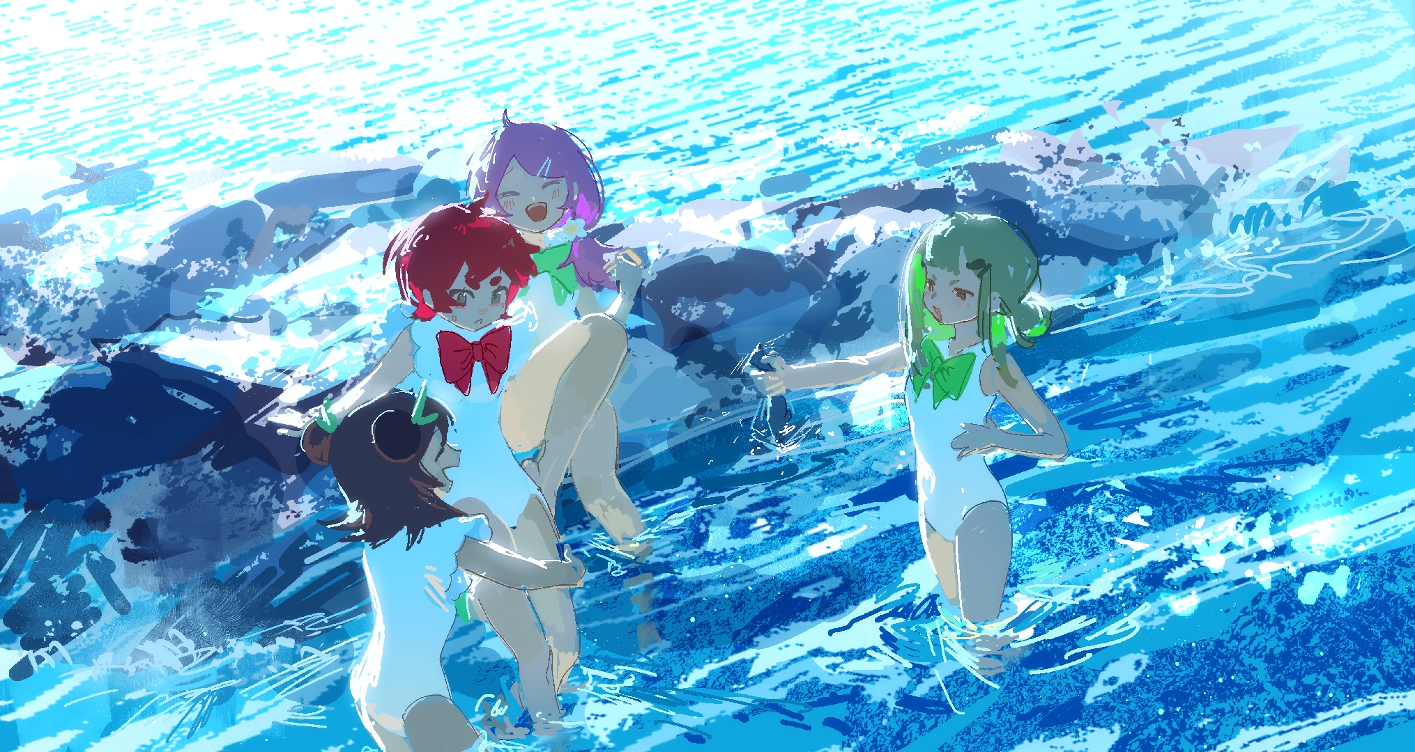 original, highres, 4girls, bow, brown hair, double bun, green bow, green hair, hair bun, hair ornament, hairpin, holding, multiple girls, ocean, purple hair, red bow, red hair, renzi rz, short hair, smile, swimsuit