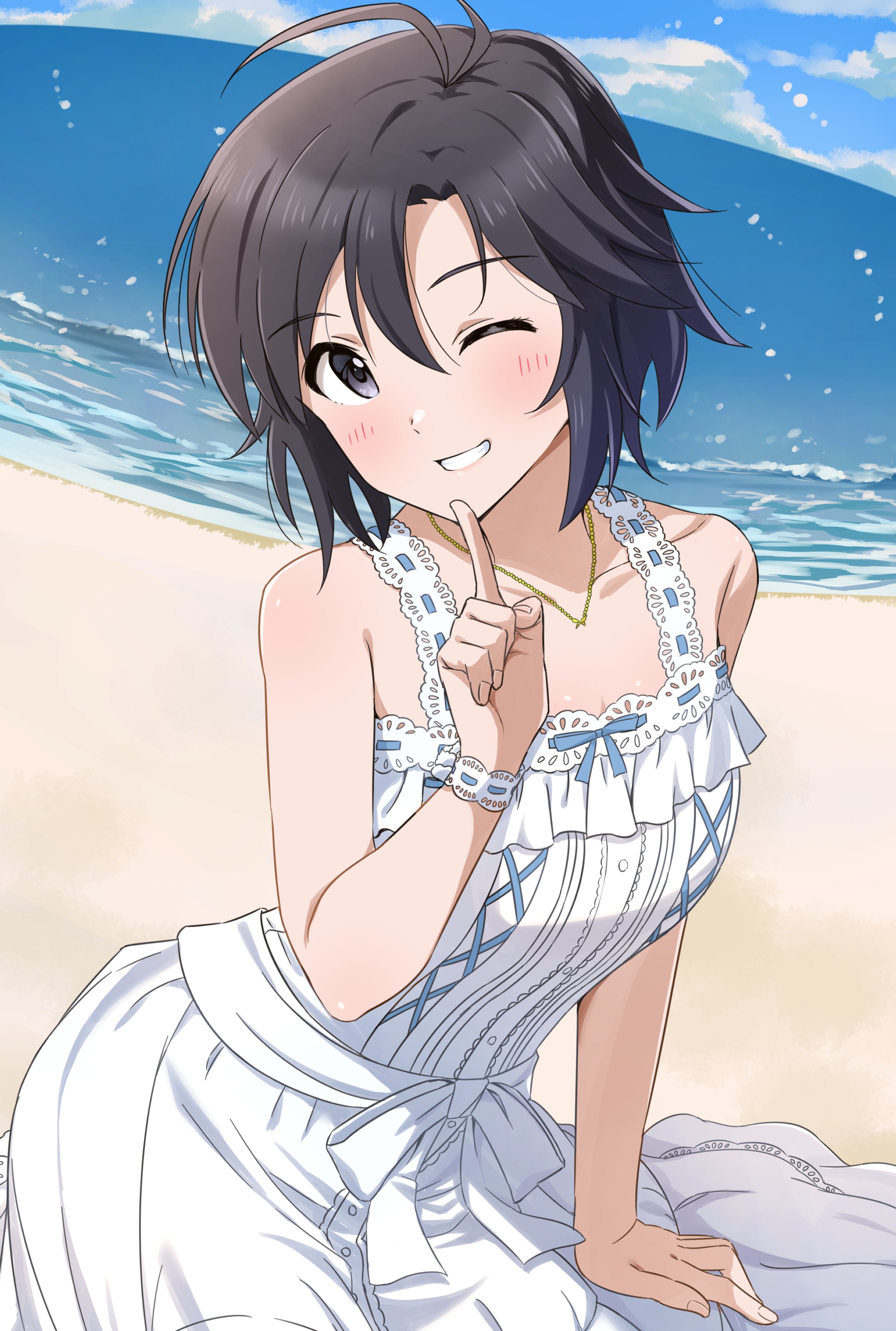 takatsuki p, kikuchi makoto, idolmaster, idolmaster million live!, idolmaster million live! theater days, absurdres, highres, antenna hair, beach, black hair, blue sky, cloud, dress, finger to mouth, grey eyes, light blush, looking at viewer, ocean, parted bangs, shushing, sky, sleeveless, smile, sundress, waves, white dress