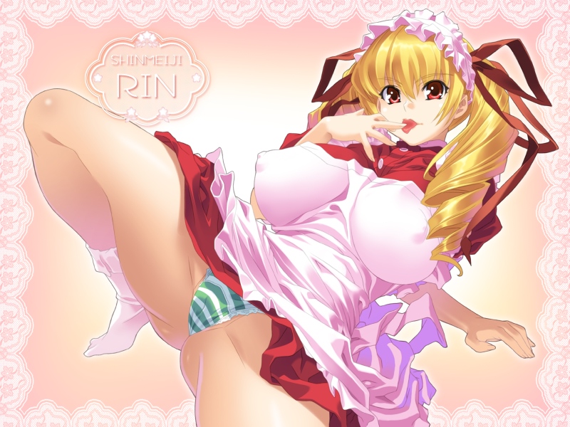 kei (bekei), shinmeiji rinn, oshioki sweetie, striped, wallpaper, 1girl, apron, arm support, blonde hair, bobby socks, border, breasts, breasts apart, buttons, cameltoe, character name, clothes lift, covered erect nipples, dress, dress lift, drill hair, dutch angle, finger to mouth, fingernails, foreshortening, frills, gradient background, green panties, hair between eyes, hair ribbon, huge breasts, lace, lace-trimmed panties, lace border, lace trim, legs, long fingernails, long hair, maid, maid apron, maid headdress, nipples, panties, pantyshot, partially visible vulva, puffy nipples, reclining, red eyes, ribbon, ringlets, short dress, socks, solo, spread legs, squatting, striped panties, thick thighs, thighs, tiptoes, tongue, underwear, upskirt, white panties