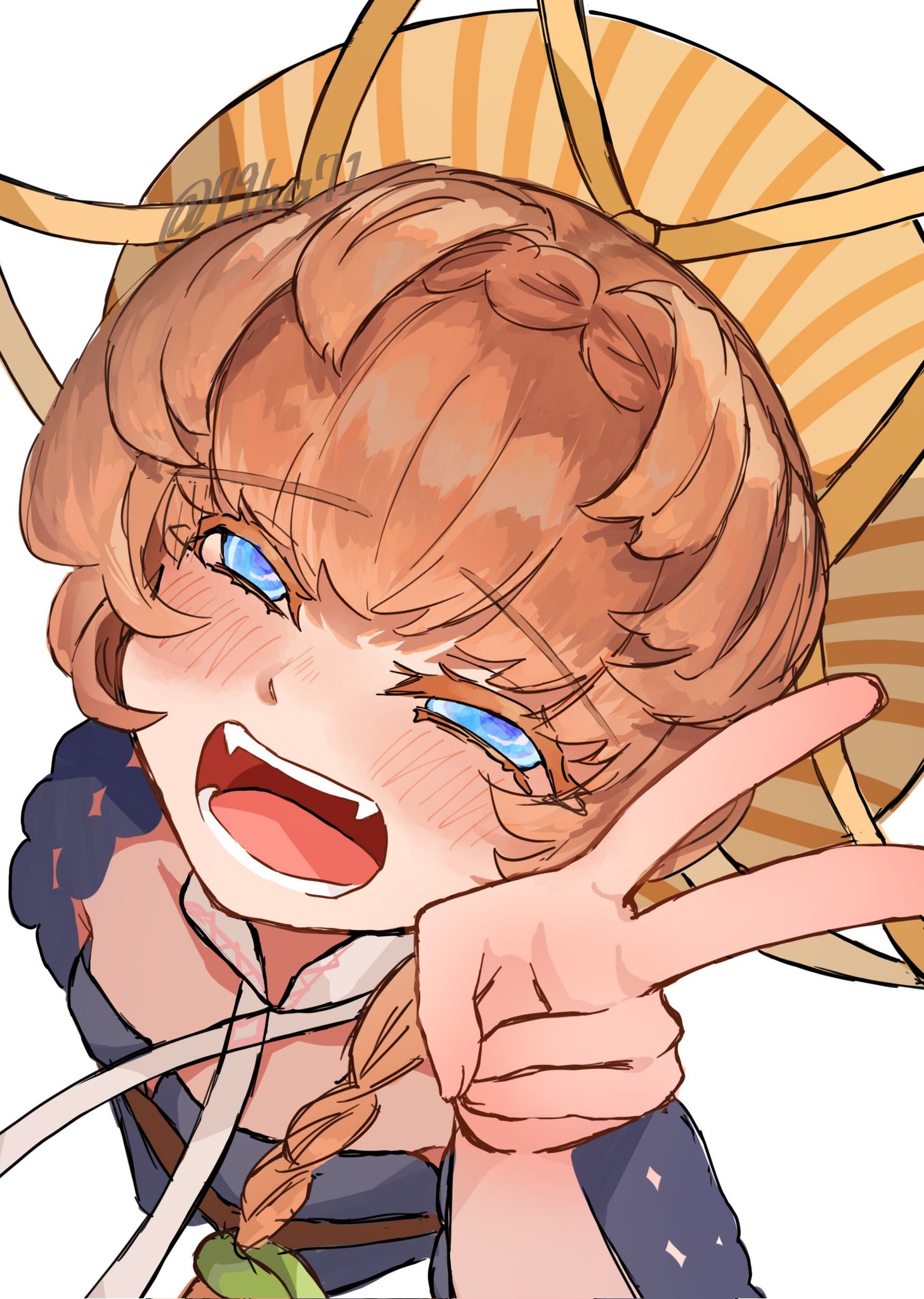 nakinishimoarazu, van gogh (fate), van gogh (first ascension) (fate), fate/grand order, fate (series), highres, 1girl, :d, blue eyes, blue overalls, blush, braid, crown braid, from above, hair over shoulder, hand up, hat, long hair, looking at viewer, open mouth, orange hair, overalls, puffy sleeves, side braid, simple background, smile, solo, straw hat, striped clothes, striped headwear, sunflower petals, v, white background, yellow hat