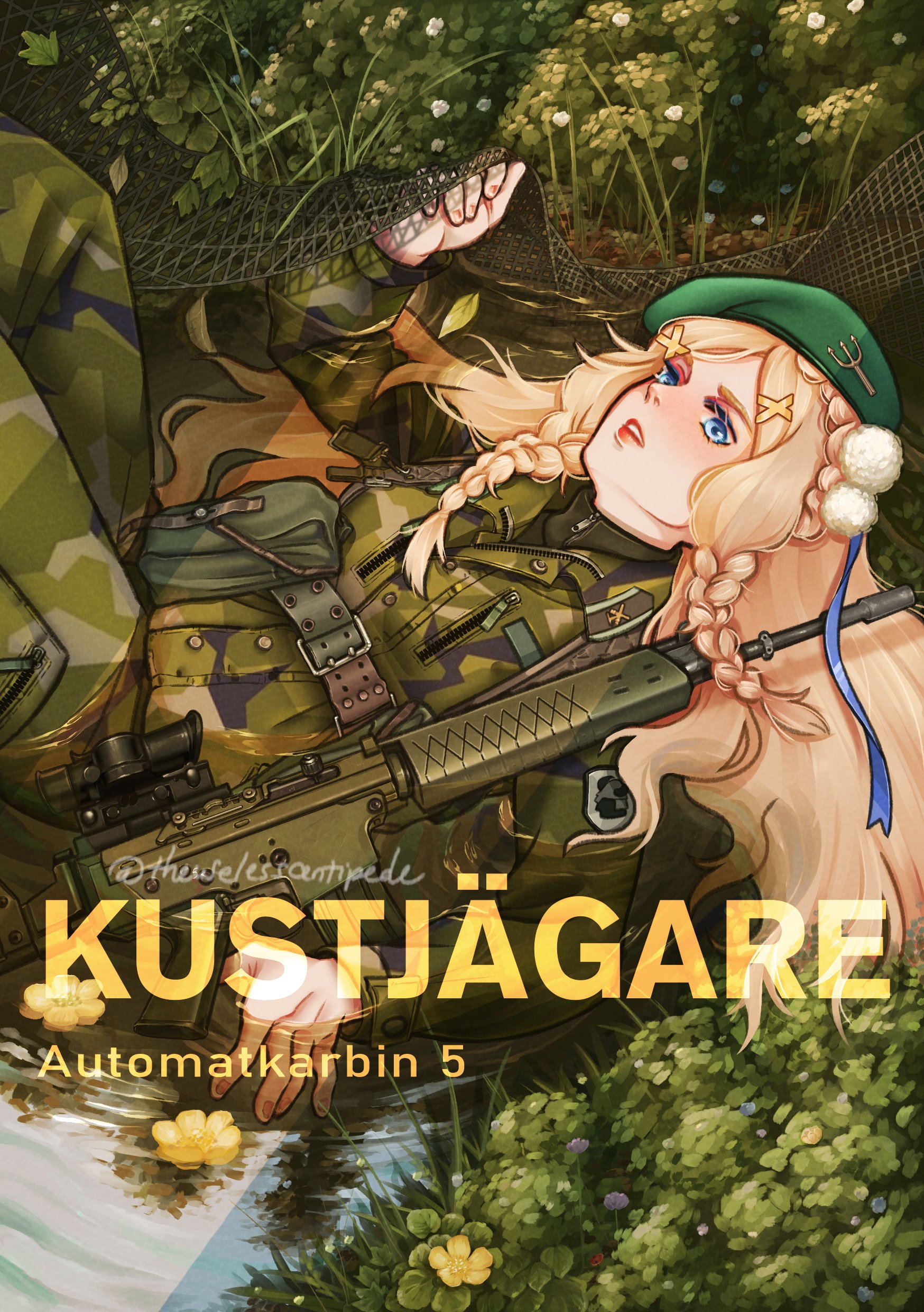 justcentipde, ak 5 (girls' frontline), girls' frontline, absurdres, highres, 1girl, ak 5, assault rifle, beret, blonde hair, blue eyes, braided sidelocks, camouflage, camouflage jacket, flower, fn fnc, gun, hair ornament, hat, jacket, long hair, looking at viewer, lying, military uniform, net, on back, partially submerged, pom pom (clothes), pom pom hair ornament, rifle, twitter username, weapon, x hair ornament