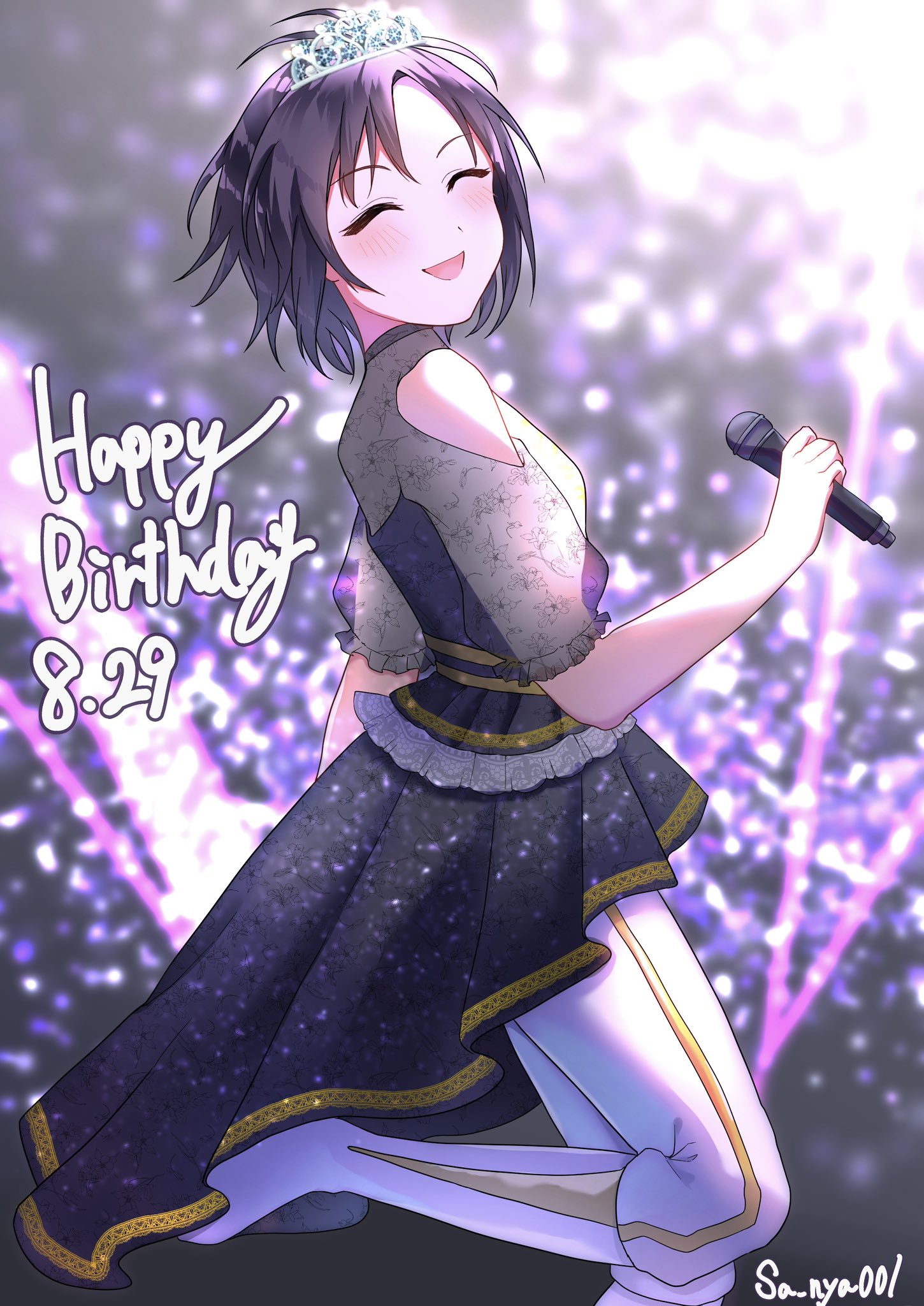 sa nya p, kikuchi makoto, idolmaster, idolmaster (classic), highres, antenna hair, black dress, black hair, boots, closed eyes, dress, glowstick, happy birthday, idol, leggings, light blush, microphone, parted bangs, penlight (glowstick), see-through clothes, see-through sleeves, smile, stage, tiara, white boots, white leggings