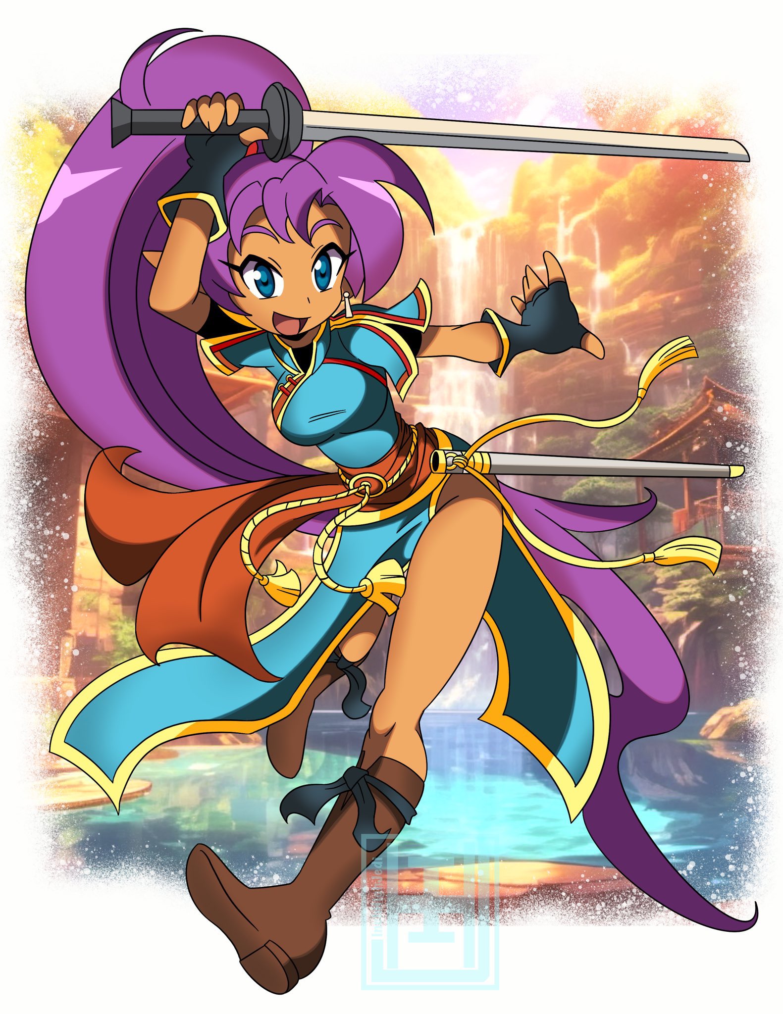 datwondoude, lyn (fire emblem), shantae, shantae (series), highres, 1girl, big hair, cosplay, dark-skinned female, dark skin, high ponytail, holding, holding sword, holding weapon, long hair, looking at viewer, lyn (fire emblem) (cosplay), pointy ears, ponytail, smile, sword, very long hair, weapon