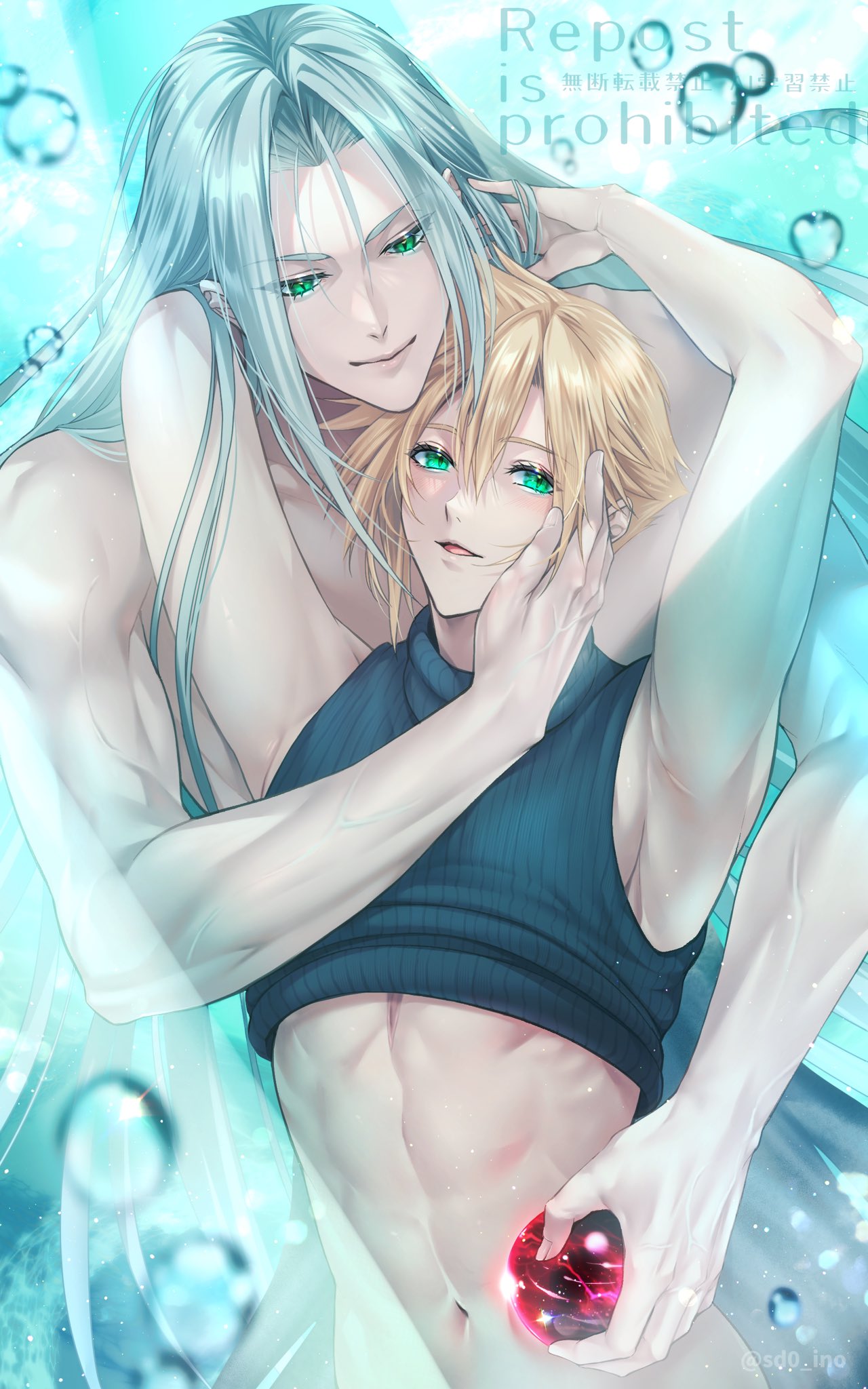 cloud strife, sephiroth, final fantasy, final fantasy vii, highres, 2boys, abs, blonde hair, green eyes, grey hair, long bangs, long hair, male focus, materia, multiple boys, parted bangs, sd0 ino, short hair, sleeveless, sleeveless turtleneck, spiked hair, turtleneck, upper body, yaoi