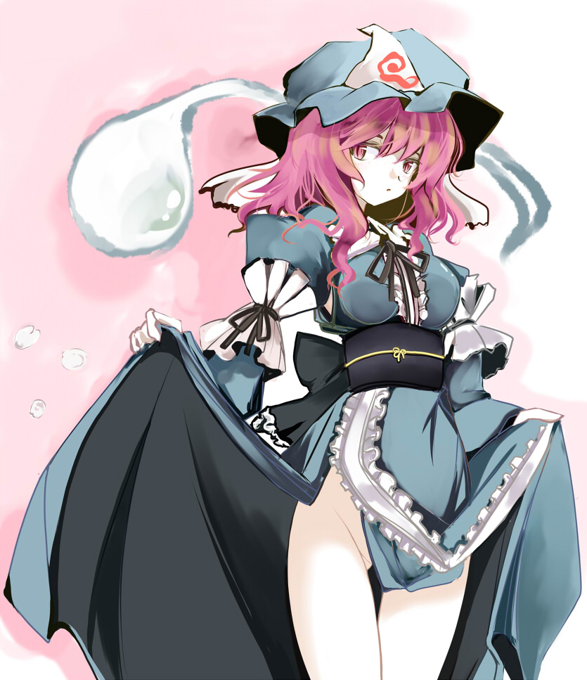 takaharu, saigyouji yuyuko, touhou, 1girl, clothes lift, female focus, hair between eyes, no panties, skirt, skirt lift, solo