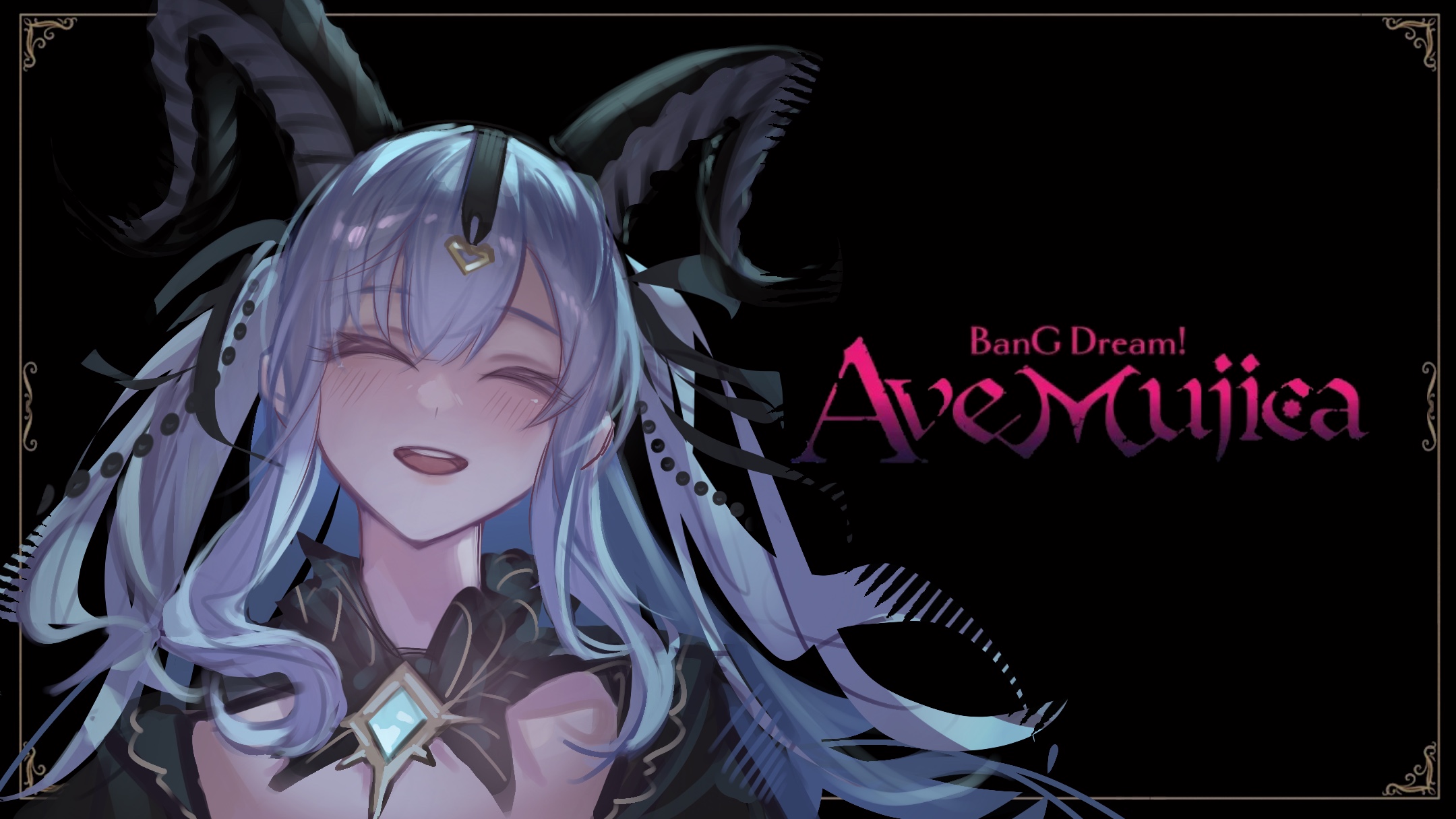 xue meishu mei chulu, togawa sakiko, bang dream!, bang dream! it's mygo!!!!!, chinese commentary, commentary request, highres, 1girl, :d, black background, blue hair, border, closed eyes, copyright name, detached collar, facing viewer, long hair, official alternate costume, open mouth, sidelocks, smile, solo, togawa sakiko (master of melodia), upper body