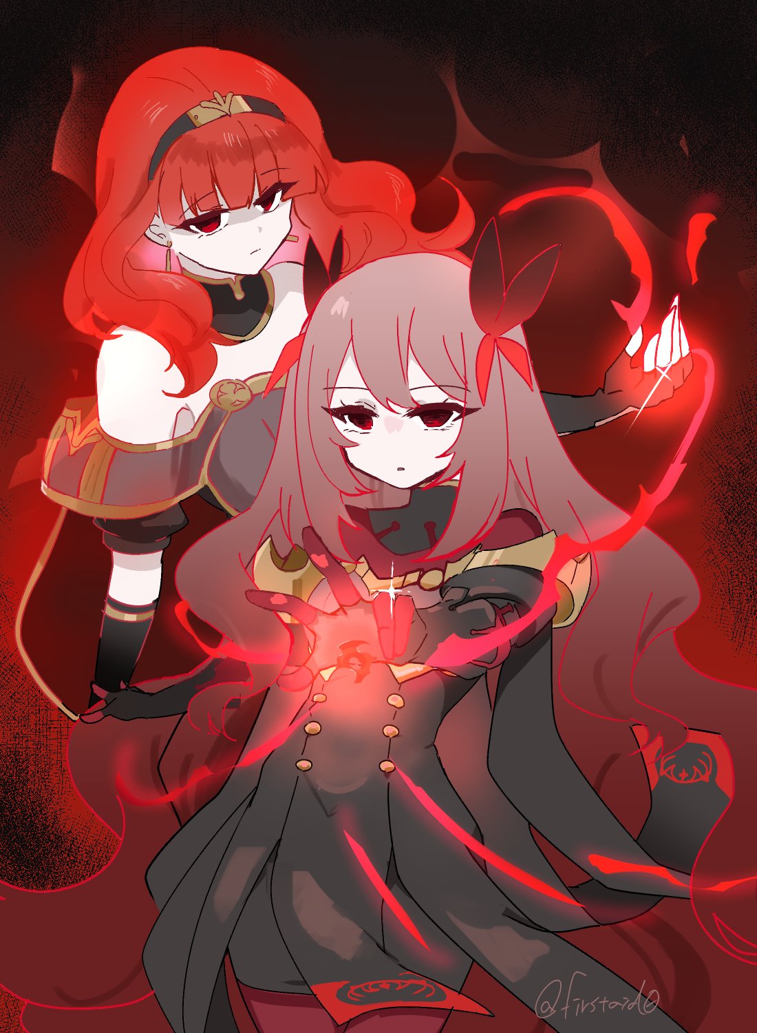 yukia (firstaid0), celica (emblem) (fire emblem), celica (fire emblem), celine (fire emblem), fire emblem, fire emblem engage, nintendo, highres, 2girls, aura, blonde hair, butterfly hair ornament, dark aura, dark persona, hair ornament, hairband, long hair, multiple girls, red aura, red eyes, red hair, very long hair