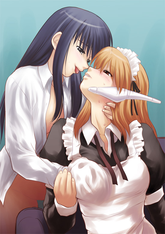 sakaki imasato, kurusugawa ayaka, serio (to heart), to heart, to heart (series), 2girls, blue hair, breasts, grabbing another's breast, groping, large breasts, maid, multiple girls, open clothes, open shirt, orange hair, shirt, tongue, yuri