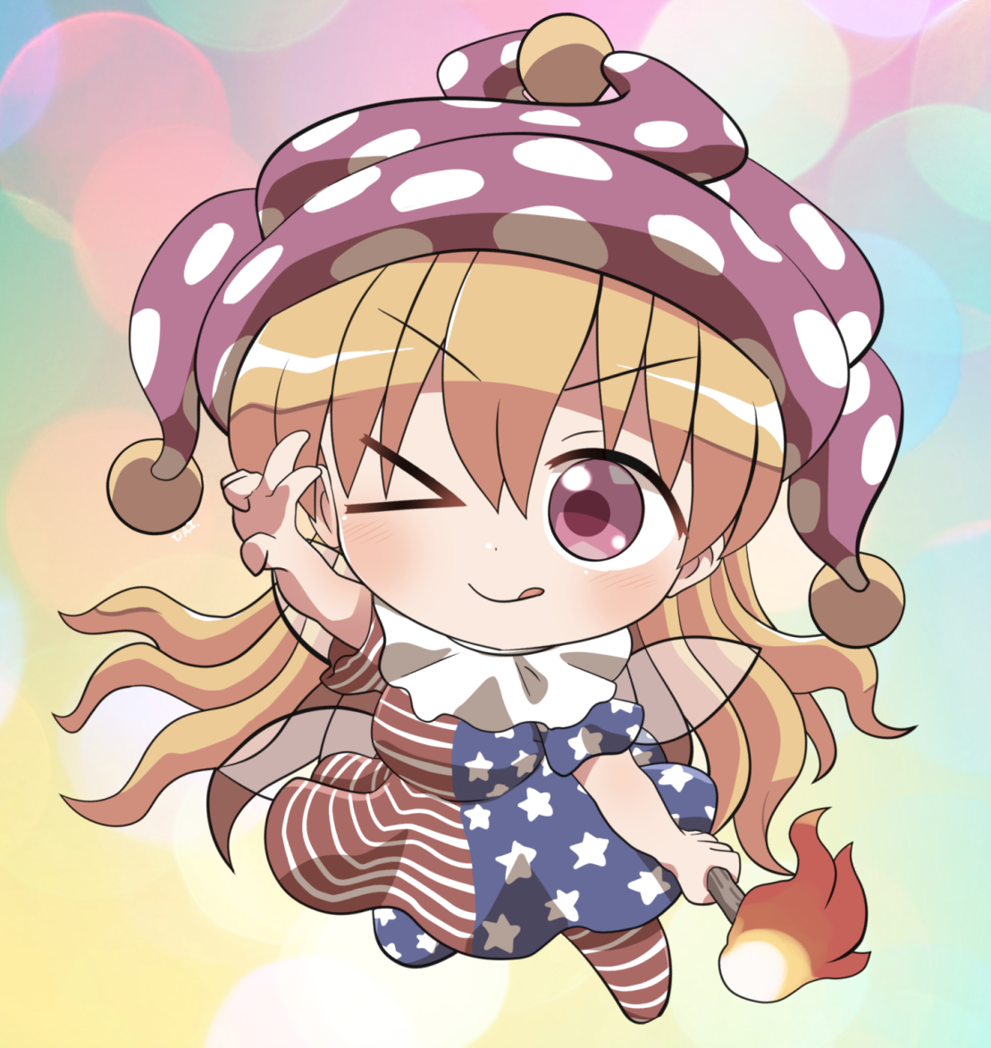 rokugou daisuke, clownpiece, touhou, commentary request, > o, 1girl, :q, american flag dress, american flag legwear, blonde hair, blush, chibi, chibi only, closed mouth, colorful background, fairy wings, full body, hair between eyes, hand up, hat, holding, holding torch, jester cap, long hair, looking at viewer, neck ruff, no shoes, one eye closed, pantyhose, pink eyes, polka dot headwear, purple hat, signature, smile, solo, tongue, tongue out, torch, v-shaped eyebrows, w, wings