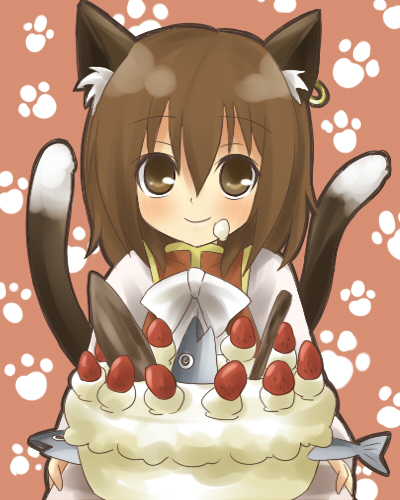 kiji (manekinuko-tei), chen, touhou, lowres, 1girl, animal ears, brown eyes, brown hair, cake, cat ears, cat girl, cat tail, earrings, female focus, fish, fish (food), food, jewelry, multiple tails, pastry, smile, solo, tail