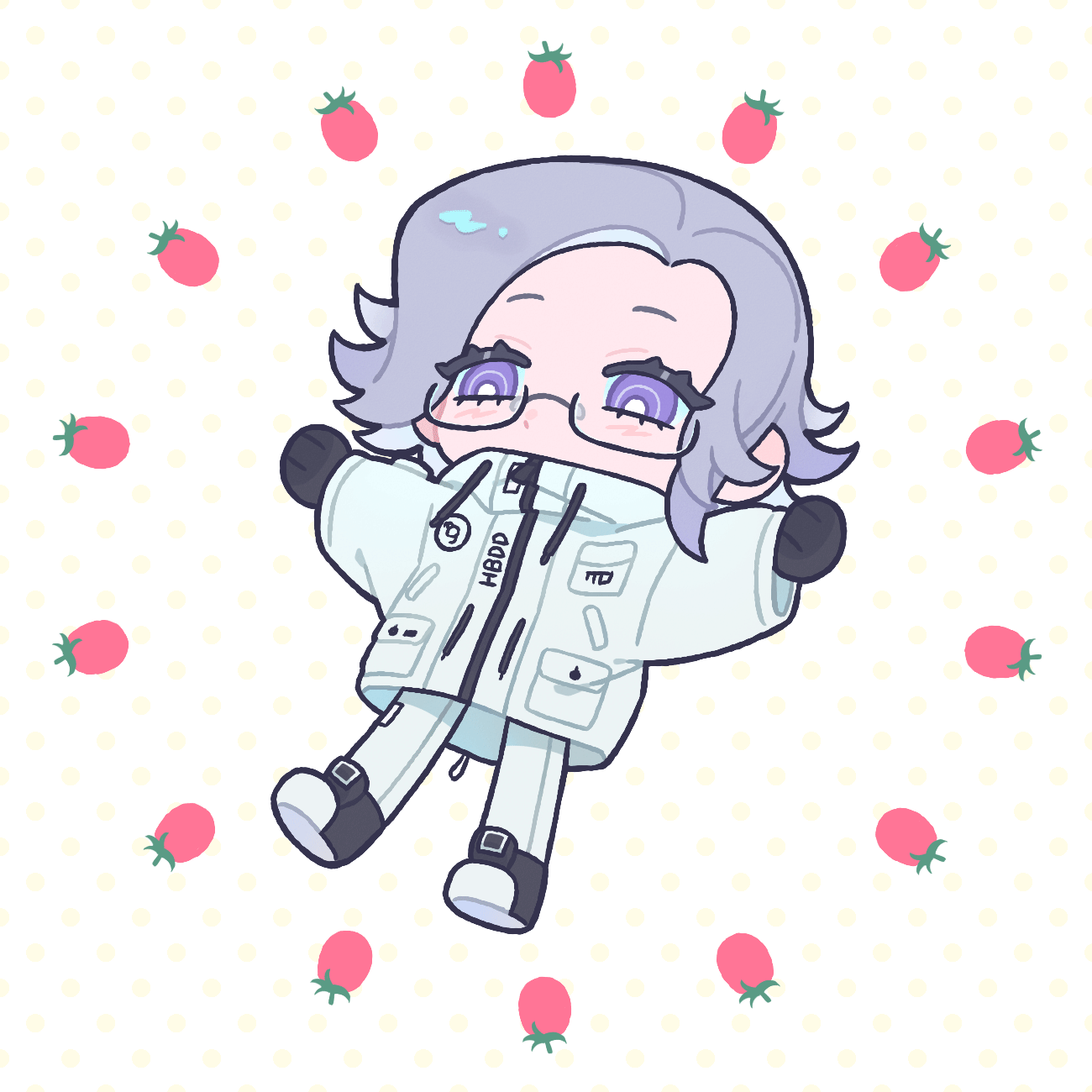 xuxigua1029, aotsuki eito, the hundred line -last defense academy-, animated, animated gif, chinese commentary, commentary request, highres, 1boy, black gloves, black shoes, blinking, breast pocket, bright pupils, cherry tomato, chibi, chibi only, floating, glasses, gloves, grey hair, jacket, looking at viewer, male focus, outstretched arms, pants, pocket, purple eyes, shoes, short hair, solo, spread arms, tomato, white jacket, white pants, white pupils