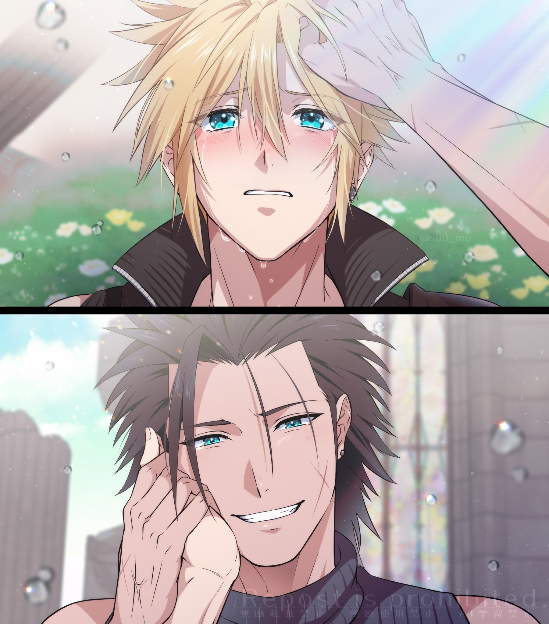 cloud strife, zack fair, final fantasy, final fantasy vii, highres, 2boys, armor, black hair, blonde hair, blue eyes, blue sky, cross scar, crying, earrings, facial scar, hair slicked back, implied yaoi, jewelry, long hair, male focus, multiple boys, scar, scar on cheek, scar on face, sd0 ino, shirt, short hair, shoulder armor, sky, sleeveless, sleeveless turtleneck, smile, spiked hair, turtleneck